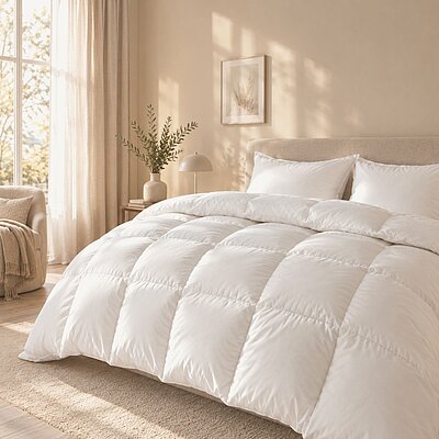 Beiges Schlafzimmer mit einer weißen, voluminösen Daunendecke auf dem Bett.