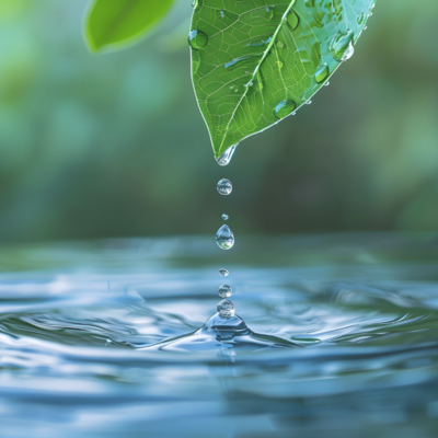 Nahaufnahme eines grünen Blattes mit Wassertropfen, die ins Wasser fallen.