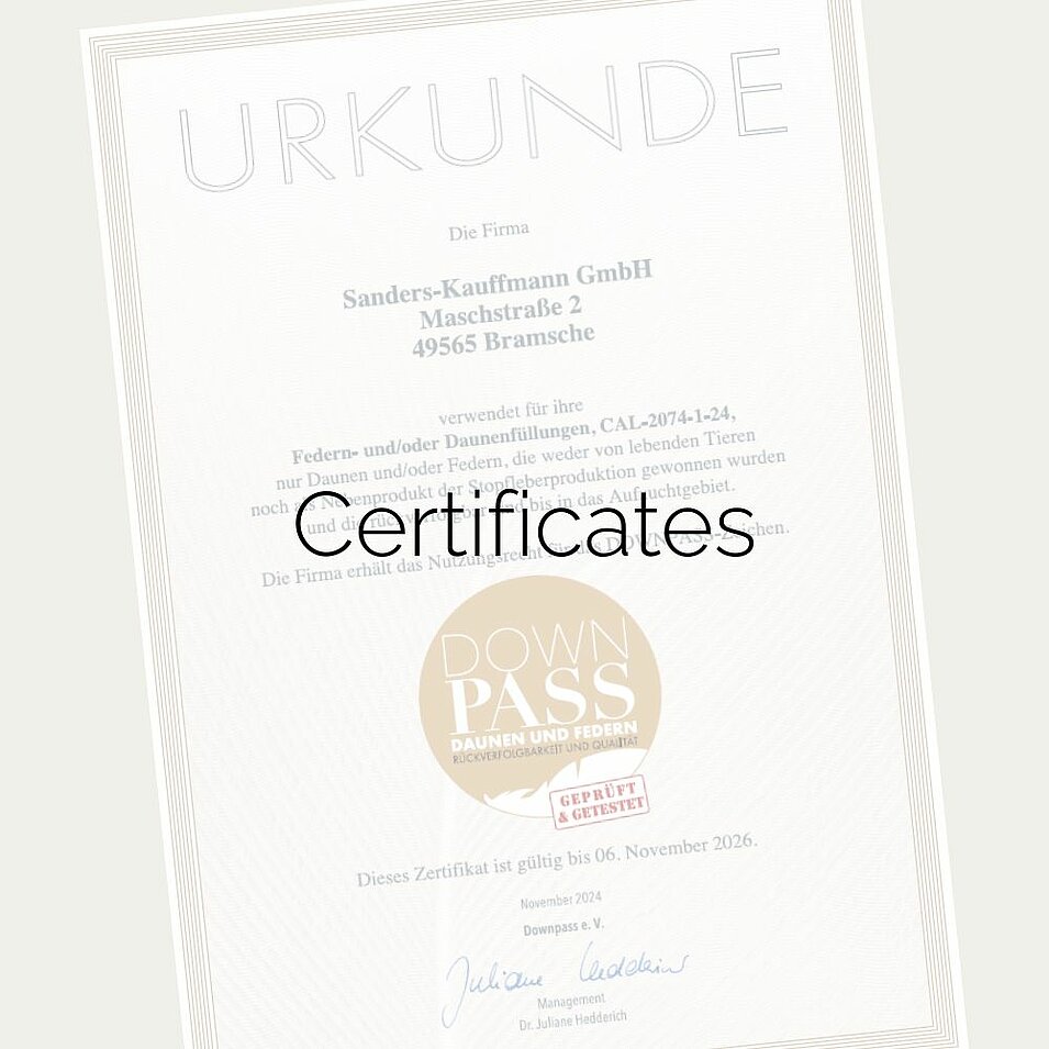 Excerpt from a certificate issued by Sanders-Kauffmann GmbH. Image caption: ‘Certificates’.