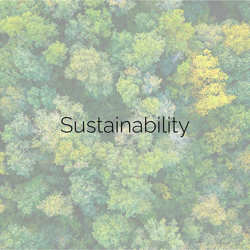 Aerial view of a forest. Caption: ‘Sustainability’.