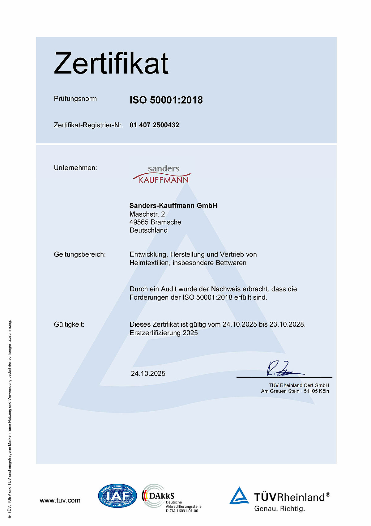 Bild des ISO 50001 Zertifikats für Energiemanagement, mit Firmenname und Ausstellungsdatum.