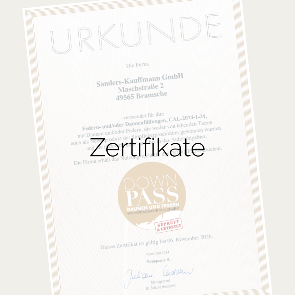 Ausschnitt eines Zertifikats der Sanders-Kauffmann GmbH. Bildaufschrift "Zertifikate".