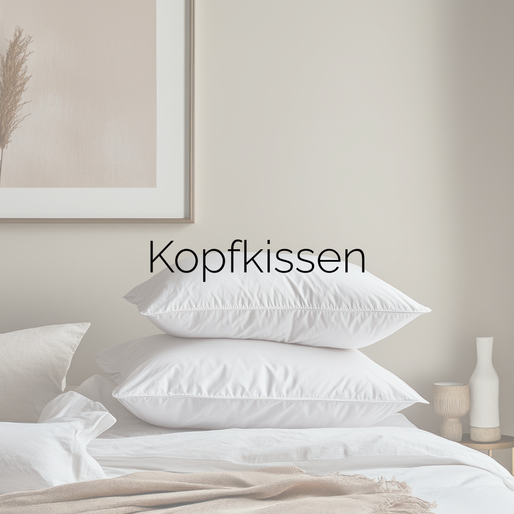 Mehrere weiße Kopfkissen gestapelt auf einem Bett. Bildaufschrift "Kopfkissen".