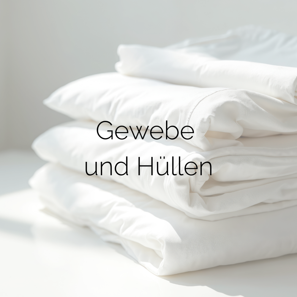 Mehrere Kissenhüllen ordentlich gefaltet aufeinander gestapelt. Bildaufschrift "Gewebe und Hüllen".