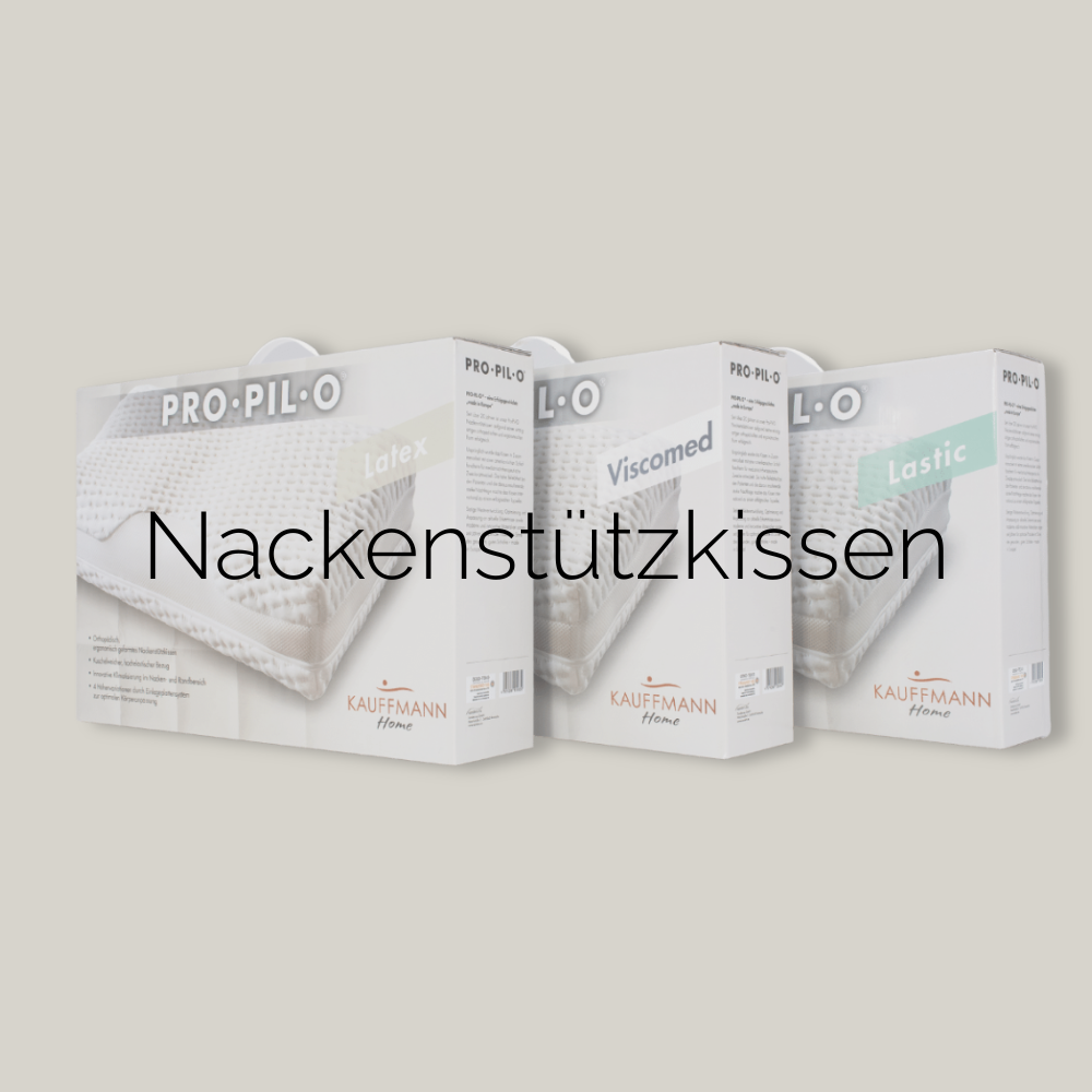 Verpackungen der drei Propilo Nackenstützkissen. Bildaufschrift "Nackenstützkissen".